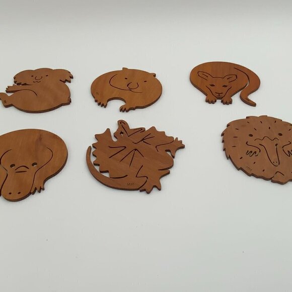 Mugmates Coasters Set 6 Teak Wood Animals from Australia Marked MM - Picture 3 of 8